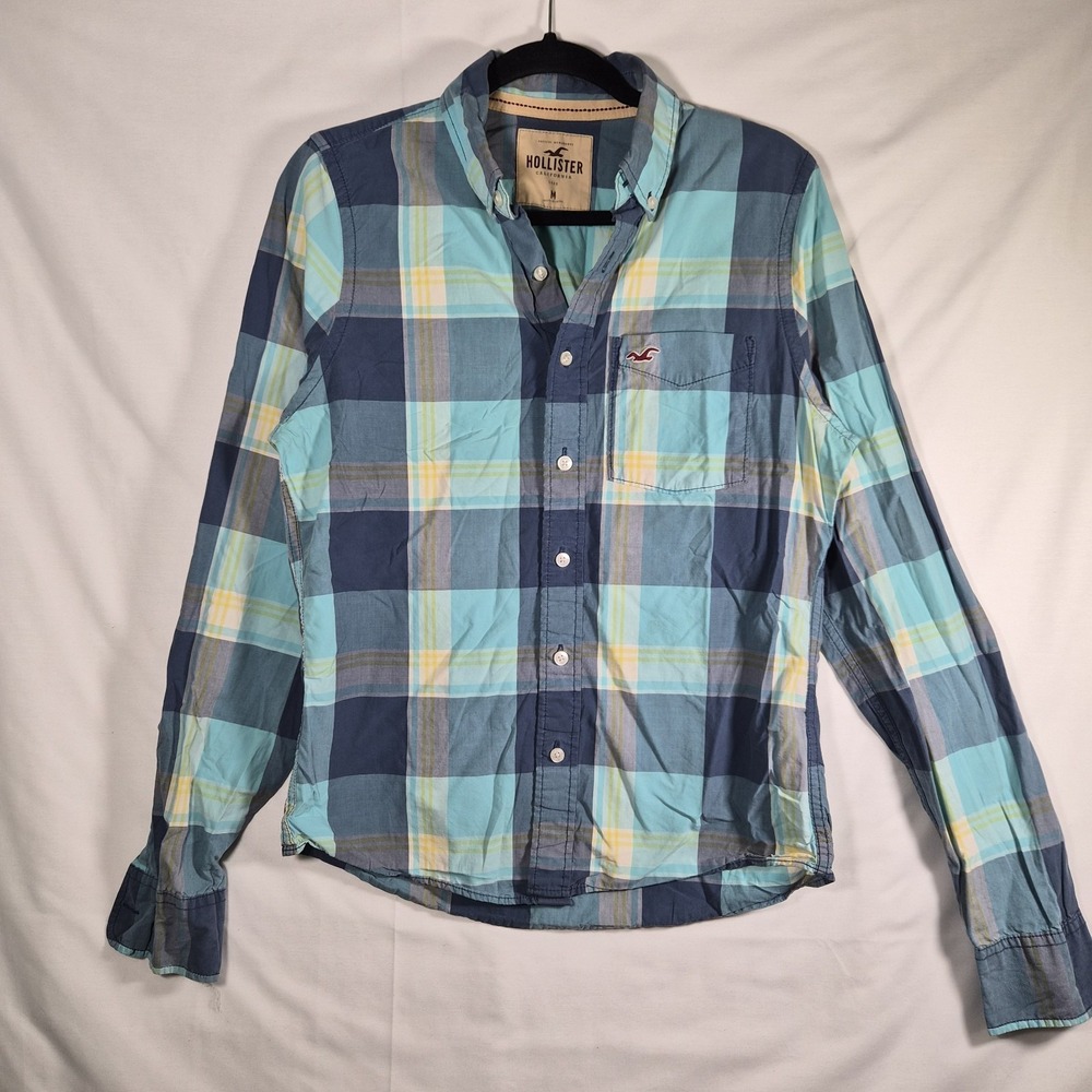 2000s Y2K Hollister Men's Medium Blue Plaid Button Down Shirt Preppy Surf